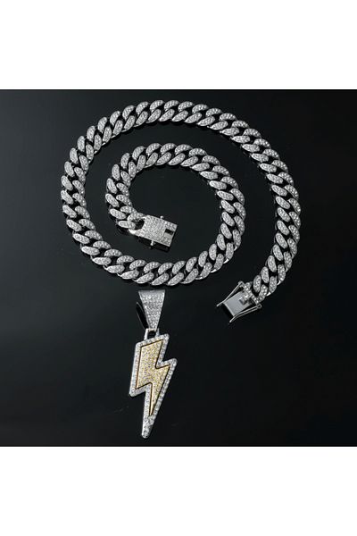 Tessero Colier cubanez cu pandantiv fulger hip hop cu gheață, pietre de zirconiu, placat cu aur de 18K, uni