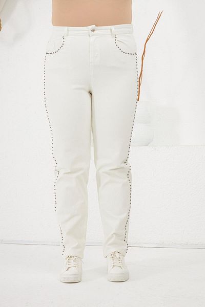 RMG Large Size Jeans with Stone Detail on the Sides White