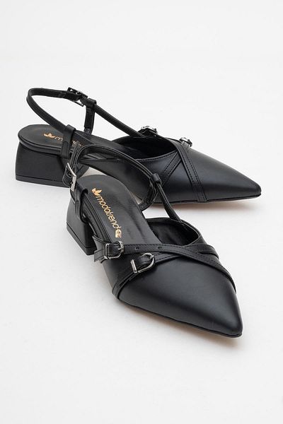 CCWAY AYAKKABI Women's Open Back Cross Buckle Heeled Shoes Black Skin