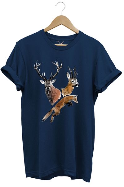 WİDİ Hunting Hunter Deer and Fox Printed 100% Cotton Regular Fit T-Shirt