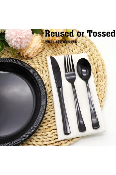 anyway Siyah Plastik Çatal Kaşık Bıçak Seti 300 Parça – Dayanıklı ve Şık Tek Kullanımlık Parti Seti-