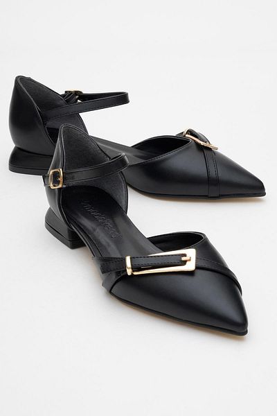 CCWAY AYAKKABI Pointed Toe Buckle Thick Heeled Women's Heels Black Skin