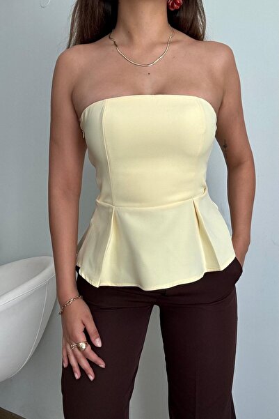 Güneş بلوزة صفراء ليمون بدون حمالات بخصر مفتوح