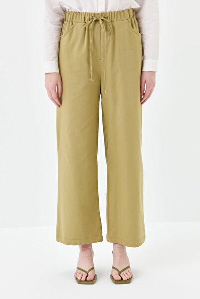 Nihan Lastikli Bol Paça Kanvas Pantolon Olive