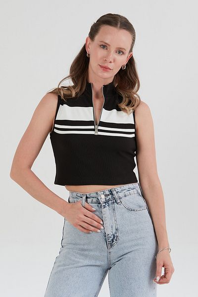 Fulla Moda Αμάνικη Crop Μπλούζα με ριγέ μπροστινό φερμουάρ