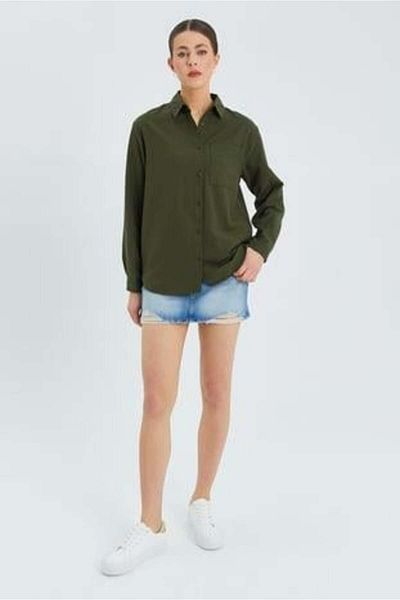 Mixray 9942 Women's Oxford Long Sleeve Basic Shirt Khaki