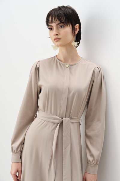 Nihan Düğmeli Kuşaklı Viskon Elbise Taş