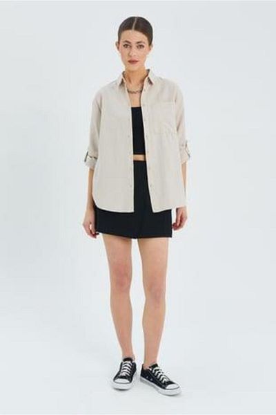 Mixray 9942 Women's Oxford Long Sleeve Basic Shirt Stone