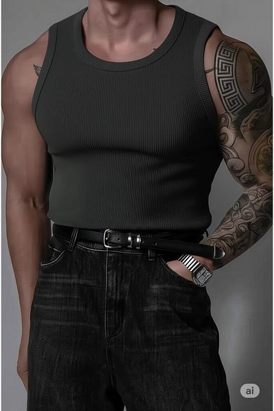 NO 601 Men's Anthracite Slimfit Camisole Ribbed Plain Tank Undershirt