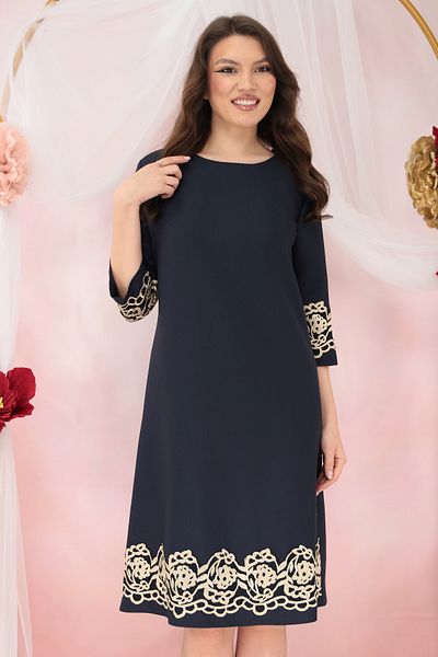 Vanessa Line RO Flared dress made of navy blue fabric with beige floral embroidery