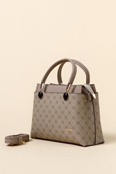 Nihan Monogram Metal Aksesuarlı Tote Çanta Vizon