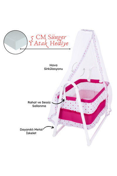 CHUBBY BABY Lüks Sallanır Tüllü Portatif Sepet Beşik Kırmızı 5 CM SÜNGER YATAK