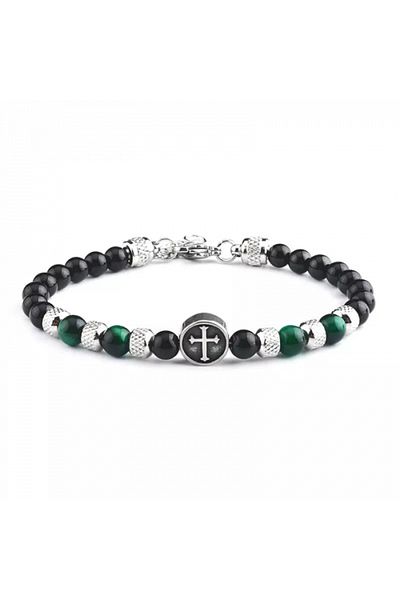 Tessero Bracelet from semi-precious stones, tiger eye, cross model, stainless steel charms, adjustable size,