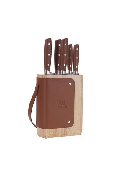 Parfait High Quality Kitchen Knife Set with Leather Stand Silver and Brown
