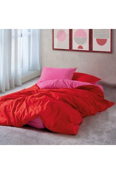 Cozy Home Lenjerie pat dublu bumbac ranforce, cearceaf pilota 200x220cm, Cozy Home, Sage Rosu/Roz