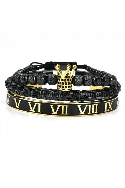 Tessero Set of three luxury bracelets, stainless steel balls, crown and Roman numerals pattern, plated with