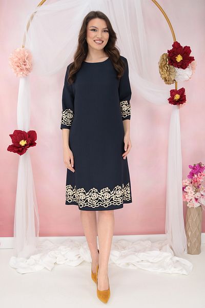 Vanessa Line RO Flared dress made of navy blue fabric with beige floral embroidery