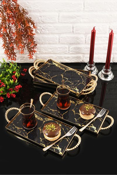 HELVACIOĞLU AKSESUAR 6 Pieces Coffee, Cake, Cake, Baklava, Cookies, Tea Presentation Tray with Handles 12X25 cm Gold