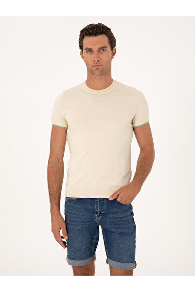 Cacharel Ekru Slim Fit %100 Pamuk Bisiklet Yaka Triko T-shirt 50300809-VR019