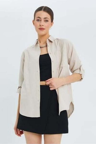 Mixray 9942 Women's Oxford Long Sleeve Basic Shirt Stone