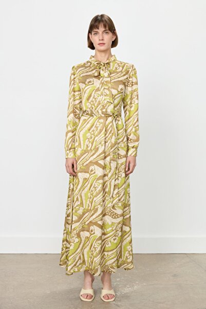 Nihan Yakası Fularlı Beli Kuşaklı Empirme Elbise Yeşil