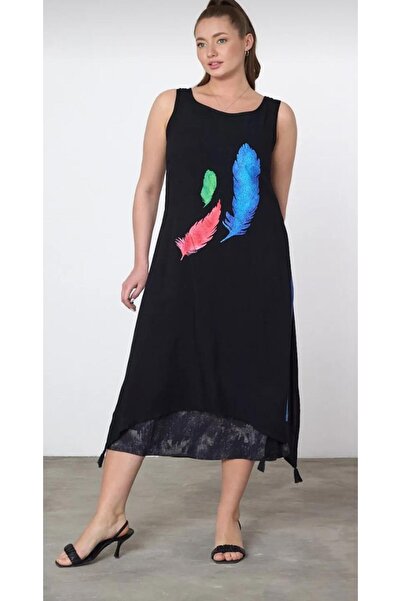 VALE WOMAN Kadın Yazlık Bol Kolsuz Rahat Baskılı Elbise