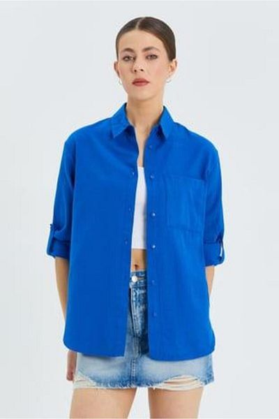 Mixray 9942 Women's Oxford Long Sleeve Basic Shirt Blue