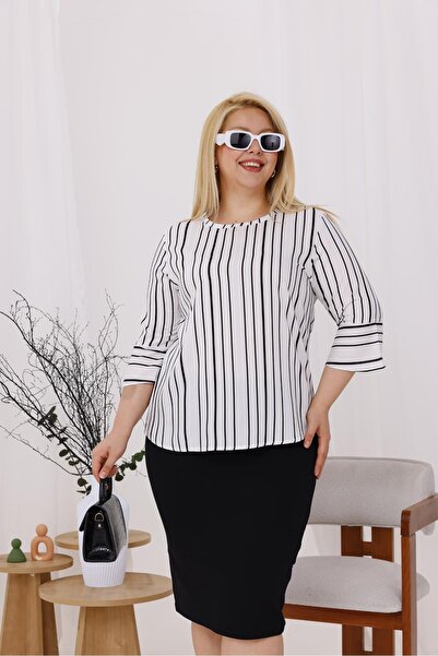 Siyezen Plus Size Striped Flared Sleeve Blouse