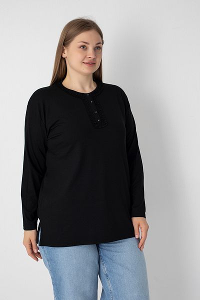 Orly More Viscose Fabric Mini Slit Plus Size Long Sleeve Mother Combed Cotton Blouse with Collar and Button Detail