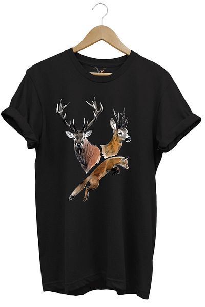 WİDİ Hunting Hunter Deer and Fox Printed 100% Cotton Regular Fit T-Shirt