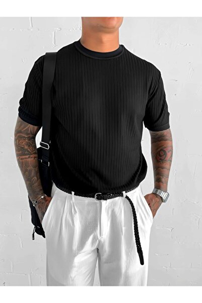 ablukaonline Men's Slim Fit Ribbed T-Shirt Black