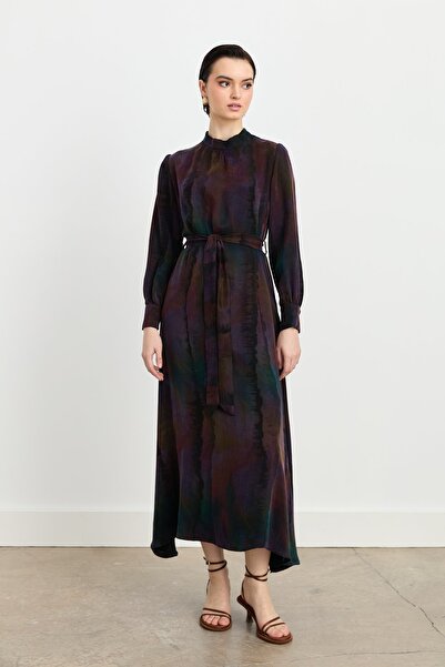 Nihan Premium Büzgü Detaylı Şık Cupra Elbise Mor