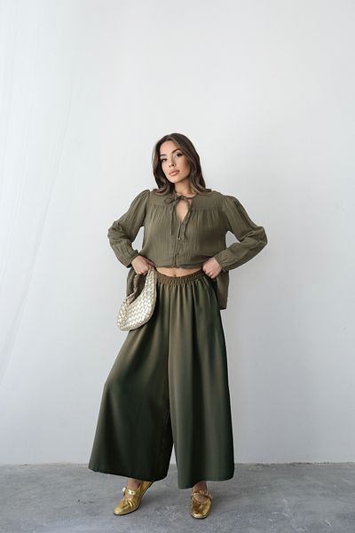Hatun Atila Wide Cut Flared Double Crepe Trouser Skirt with Elastic Waist - Khaki