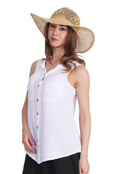Duss Women's White Muslin Fabric Sleeveless Summer Shirt