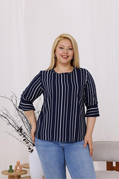 Siyezen Plus Size Striped Flared Sleeve Blouse