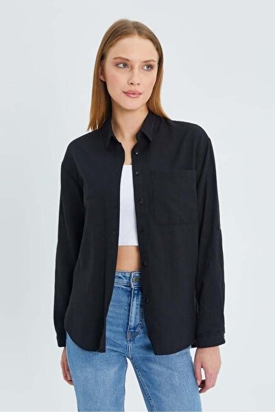 Mixray 9942 Women's Oxford Long Sleeve Basic Shirt Black