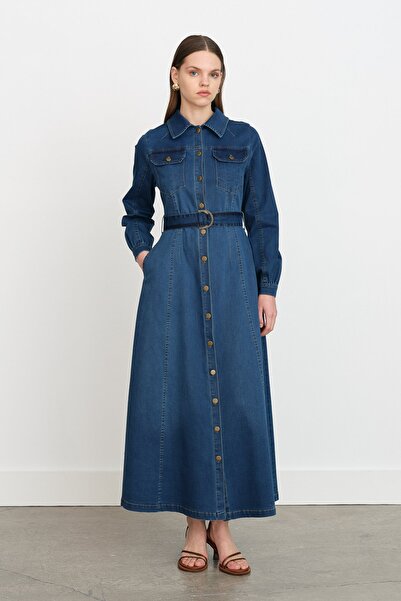 Nihan Önden Düğmeli Kot Denim Elbise İndigo