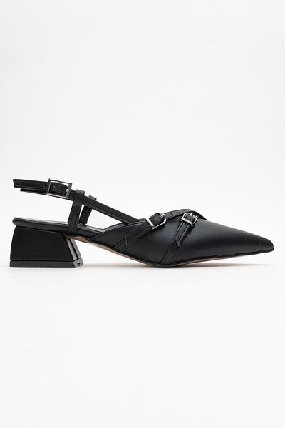 CCWAY AYAKKABI Women's Open Back Cross Buckle Heeled Shoes Black Skin