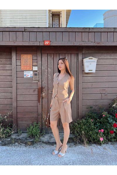 BUTİK ELAJ Women's Beige Gabardine Modal Vest Shorts Suit