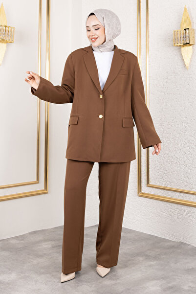 Tesettür Dünyası Χρυσό Blazer Σετ TSD250198 Καφέ