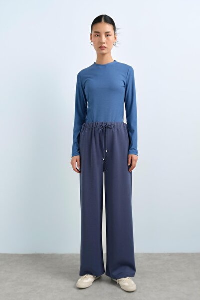 Nihan Beli Lastikli Bol Paça Örme Pantolon İndigo