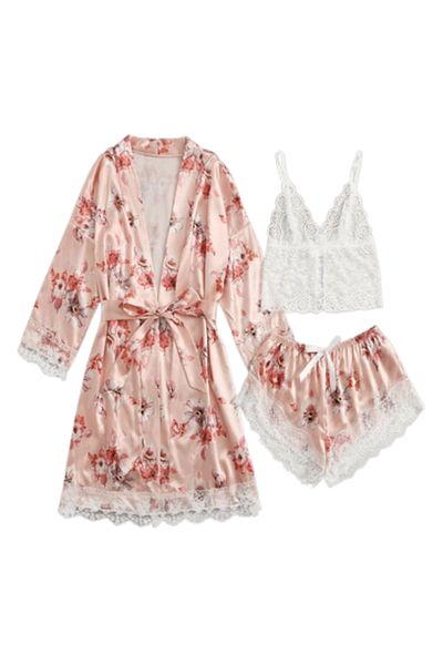Tessero Sexy nightwear pajama set with robe, floral pattern in satin and lace, 3 pieces, bustier and pants