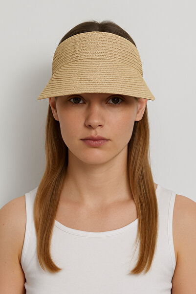 CosmoOutlet Women's Beige Straw Wide Visor Adjustable Summer Sunscreen Visor Beach and Sports Hat