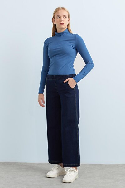 Nihan Arka Beli Lastikli Bol Denim Pantolon İndigo