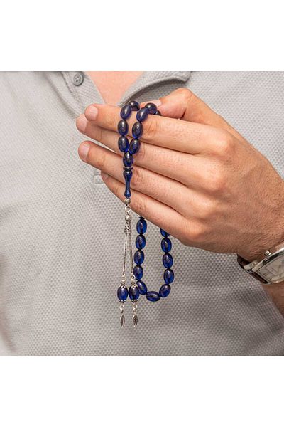 norsary Silver Tasseled Navy Blue Crimping Amber Prayer Beads