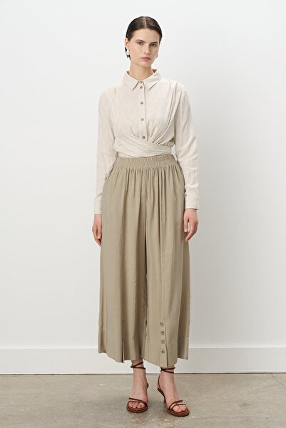 Nihan Düğme Detaylı Geniş Paça Modal Pantolon Haki