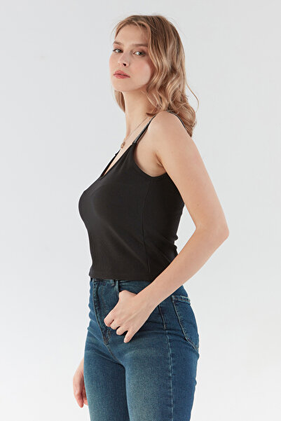 Fulla Moda Ribbed Straps Stone Detailed V-Neck Blouse