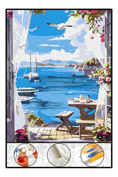 abbara Sayılarla Boyama Çerçeveli Numaralı Tuval Fırça Boya Dahil Kasnaklı 40x50 CM Deniz Manzarası