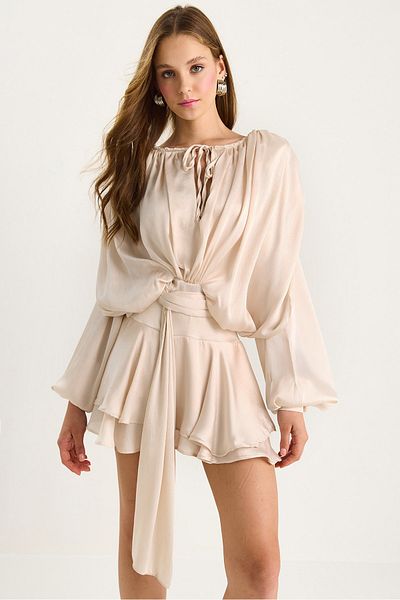 Bianco Lucci Rochie de damă cu mâneci lungi și fuste mini cu talie cu șnur 9567 60283467