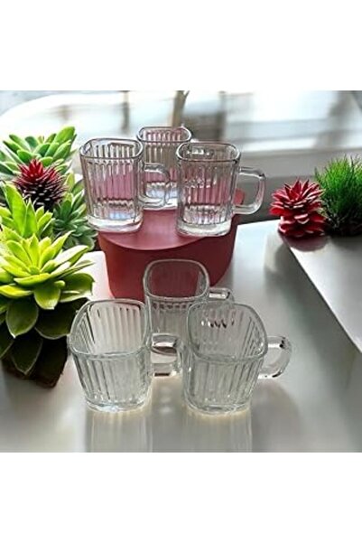 STOREMAX 6 Ad. Köşeli Cam Kupa Bardak Çizgili Çok Şık Model